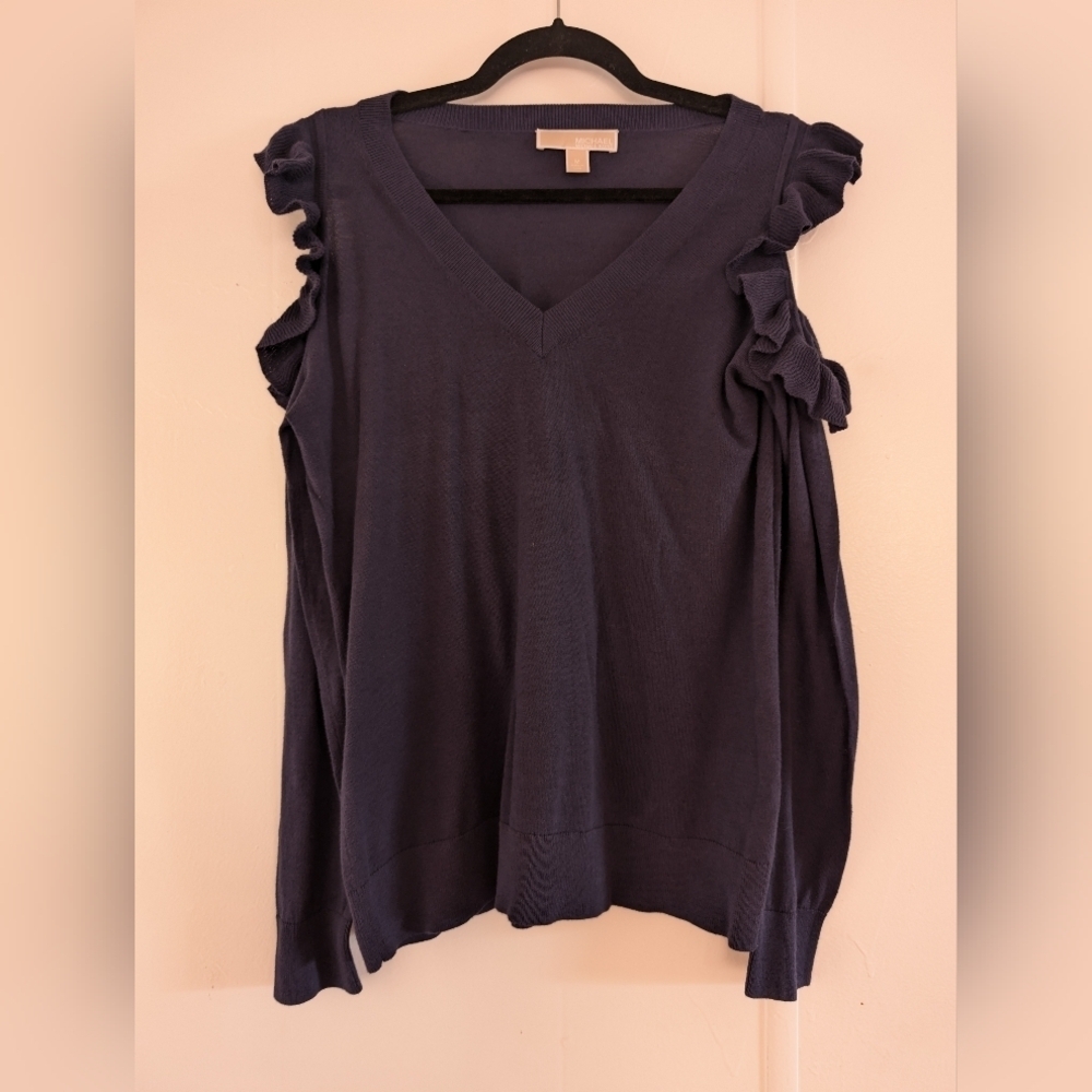 Michael Kors Navy V-Neck Sweater with Ruffled Sleeves